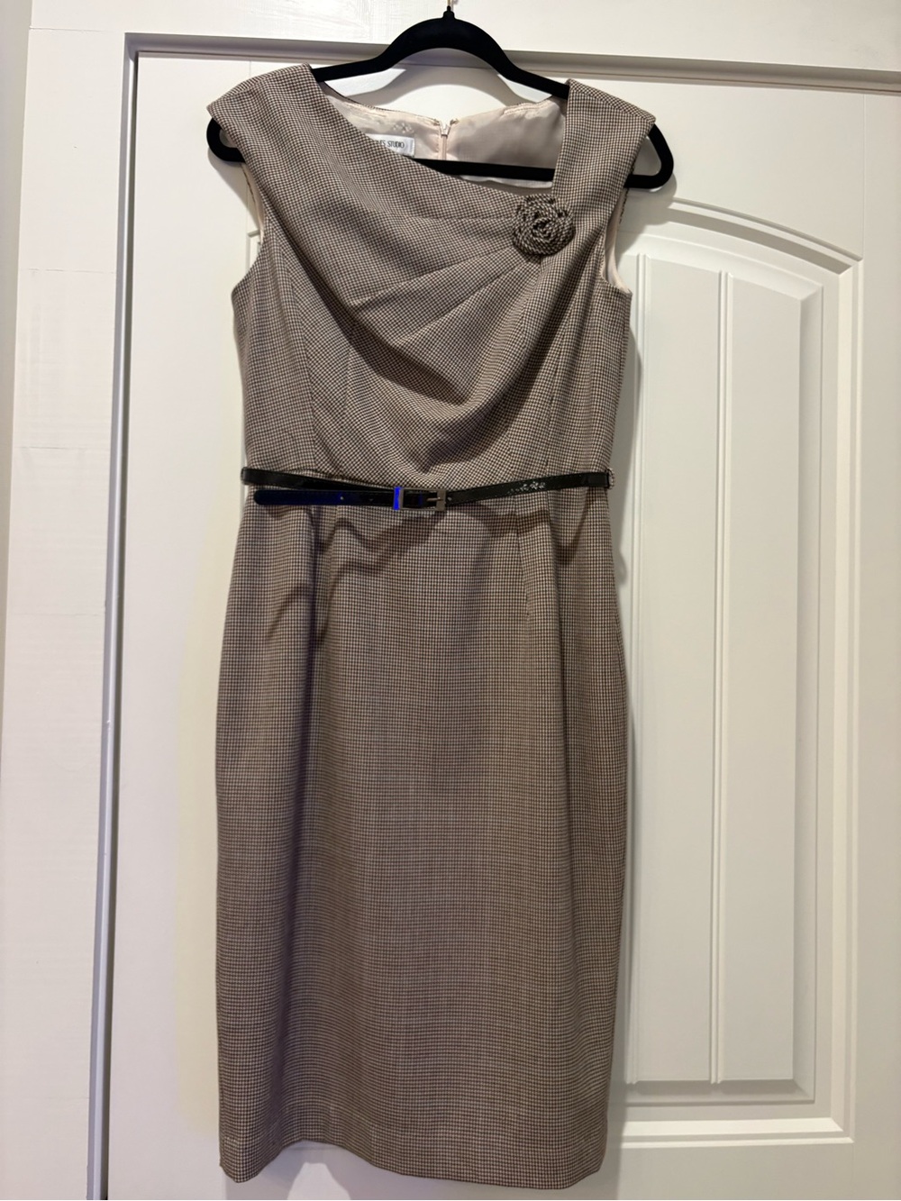 Jones Studio Taupe Sheath Dress with Rosette Detail